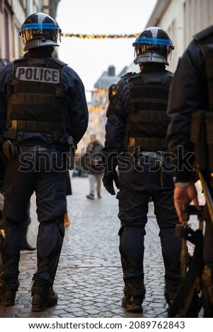 French police, CRS company deployed in the street to maintain order during a riot
