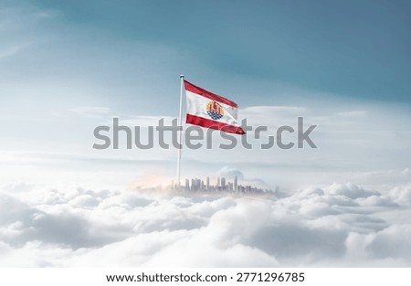 French Polynesia flag waving with modern futuristic buildings. French Polynesia national flag for independence day.