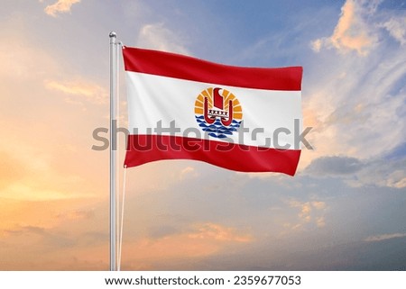 French Polynesia flag waving on sundown sky