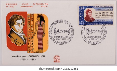 French Postage Stamps Jean-Francois Champollion. Thailand, March,8, 2022.