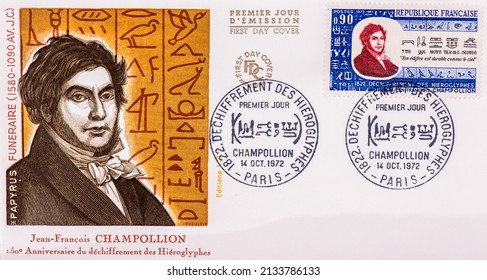 French Postage Stamps Jean-Francois Champollion. Thailand, March,8, 2022.