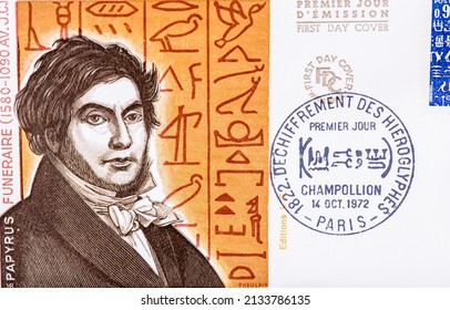 French Postage Stamps Jean-Francois Champollion. Thailand, March,8, 2022.