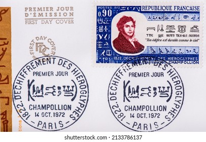 French Postage Stamps Jean-Francois Champollion. Thailand, March,8, 2022.