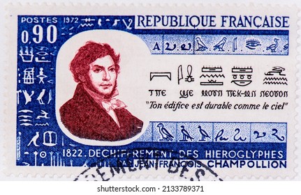 French Postage Stamps Jean-Francois Champollion. Thailand, March,9, 2022.