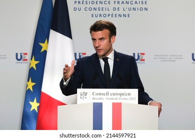 French President Emmanuel Macron gestures as he speaks to the media after European Union leaders' summit, amid Russia's invasion of Ukraine, in Brussels, Belgium, March 25, 2022.