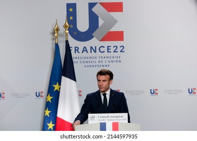 French President Emmanuel Macron Gestures As He Speaks To The Media After European Union Leaders' Summit, Amid Russia's Invasion Of Ukraine, In Brussels, Belgium, March 25, 2022.