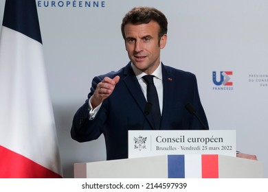 French President Emmanuel Macron Gestures As He Speaks To The Media After European Union Leaders' Summit, Amid Russia's Invasion Of Ukraine, In Brussels, Belgium, March 25, 2022.