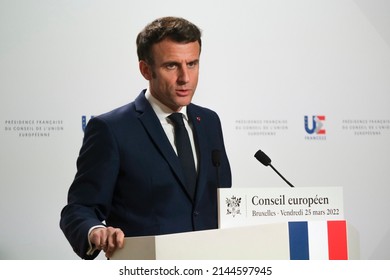 French President Emmanuel Macron Gestures As He Speaks To The Media After European Union Leaders' Summit, Amid Russia's Invasion Of Ukraine, In Brussels, Belgium, March 25, 2022.