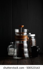 French Press With Coffee, Coffee Beans In The Pot, Milk Jug, Dark.