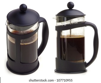 French Press Coffee Maker On White Background. In Two Scenes.