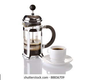 French Press Coffee Maker On White Background With Reflection