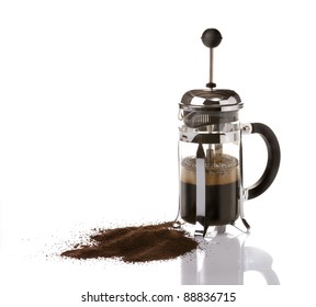 French Press Coffee Maker On White Background With Reflection