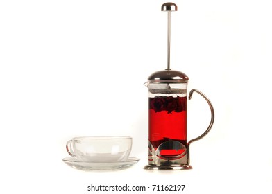 French Press With Tea Over White