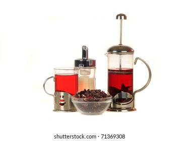 French Press With Tea Over White