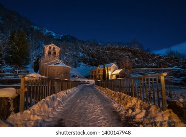 French Pyrenees Night Shot Snowy Mountain Village