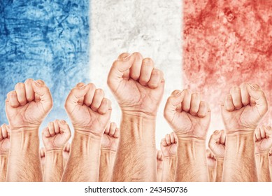 French Resistance Movement - United People, Workers Or Labor Union Strike Concept With Male Fists Raised Fighting For Their Rights, National Flag Of France