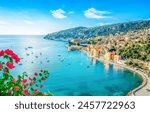 French Riviera beach, France -Villefranche-Sur-Mer next Nice and Monaco at Cote d Azur, Provence - Summer beach vacacions.