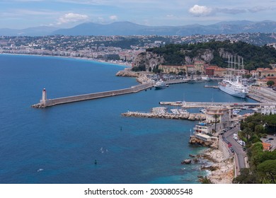 French Riviera, France - June 20, 2016: Aerial View Of Nice Lympia Lighthouse And Harbor On The City Coast