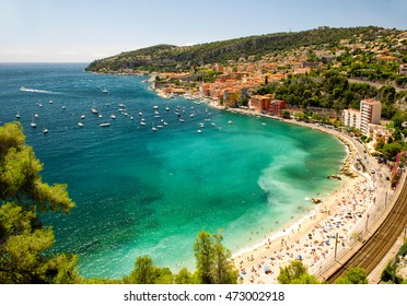 French riviera, Mediterranean Sea. View of Villefranche by Nice. Summer holidays background with beautiful blue sky