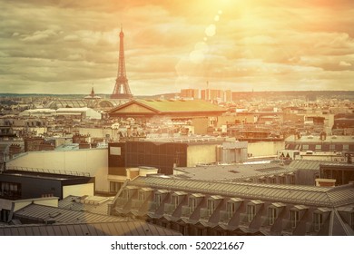 French Roofs. Beautiful Roofs View In Paris City Downtown With Skyline Under Sunlight At Day Time.