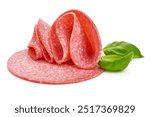 French Salami sausage slices, isolated on white background. High resolution image.