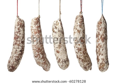 French Sausages hanging on a string on white background