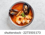 French seafood bouillabaisse soup, top view