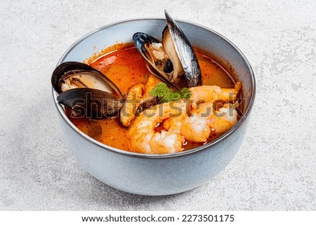 French seafood bouillabaisse soup, top view