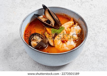 French seafood bouillabaisse soup, top view