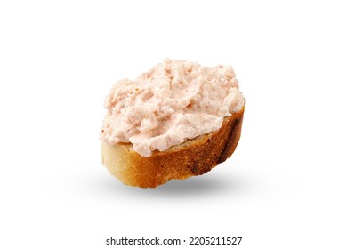 French Seafood Fish Rillettes Or Pate On A Toast, Baguette. Sandwich With Homemade Cream, Pate Isolated On White Background. Bread With Rillettes.