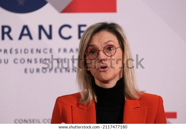 French\
Secretary of State for Economy and Finance, Agnes Pannier-Runacher\
is talking to media during the Informal Meeting of EU Ministers for\
Industry in Lens, France on Feb. 1,\
2022.