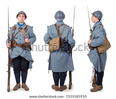 French soldier 1914 1918, November 11th, front, back and side view, isolated on the white background