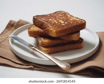 French Toast , classic breakfast stack of golden french toast, sweet syrupy delight, cozy morning vibes, indulgent treat, foodie craving, comfort food, rustic charm, bakery favorite, homemade .