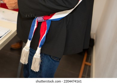 French Town Mayor Man With Tricolor Scarf During Official Celebration