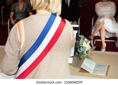 French Town Mayor Woman Of The City During Official Wedding Celebration With Sit Bride And Groom