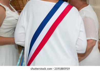 French Town Mayor Woman With Tricolor Scarf During Official Wedding Celebration 