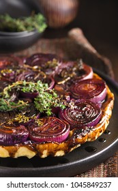 French Traditional Red Onion Tarte Tatin With Balsamic Vinegar Caramel And Provence Herbs