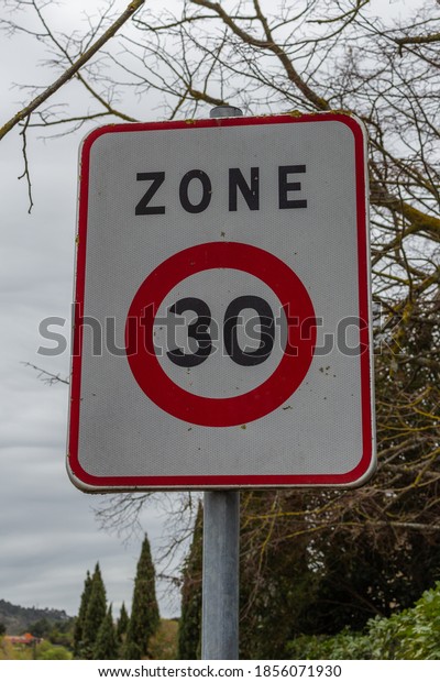 French traffic sign, speed limit 30 km/hour,\
Carcassonne, France.