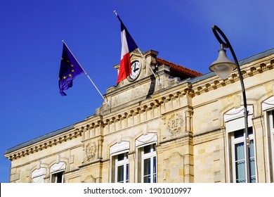 French Tricolor And Europa Flag On Mairie Building Mean City Hall In Town Center In France