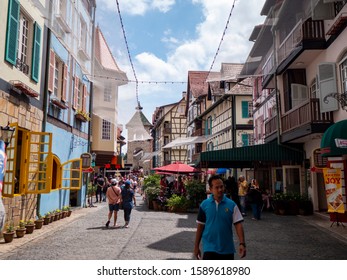 French Village Bukit Tinggi , Malaysia ;November 2019 : Normal Day In French Village Street Cafe Bars And People Country French Village