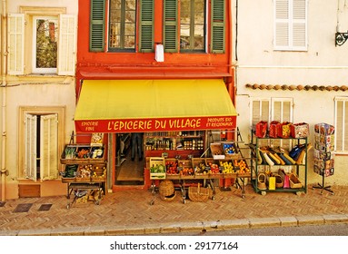 French Village Shop In The South Of France Selling Fresh Food, Wine, Groceries And Regional Products