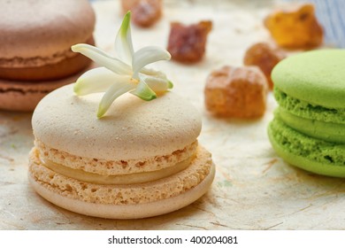 French white macaron on wrapping-paper.