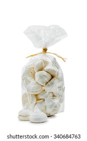 French White Meringues In A Cellophane Bag, Isolated On White Background