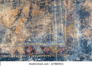 Fresco Background, Pompeii, Italy. Detail Of Ancient Roman Wall Mural, Old Painting Texture Close-up. Rough Patterned Fresco In Antique Home Interior. Theme Of Art, Grunge, Famous Pompei Culture.  