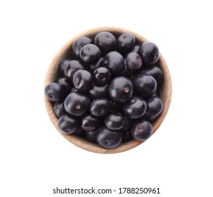 Fresh Acai Berries In Bowl Isolated On White, Top View