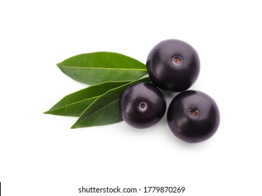 Fresh Acai Berries With Leaves Isolated On White, Top View