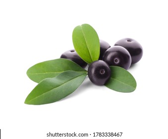 Fresh Acai Berries With Leaves Isolated On White