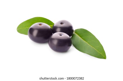 Fresh Acai Berries With Leaves Isolated On White