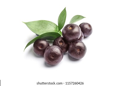 Fresh Acai Berries With Leaves On White Background