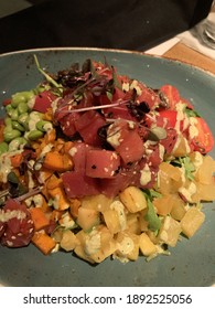 Fresh Ahi Tuna Bowl For A Healthy Lunch. Close Up Of A Japanese Lunch Bowl.